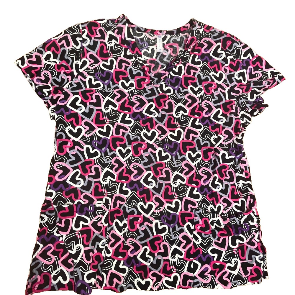 White Cross Hearts Scrub Top‎ size Medium Black w Pink Short Sleeve Valentines